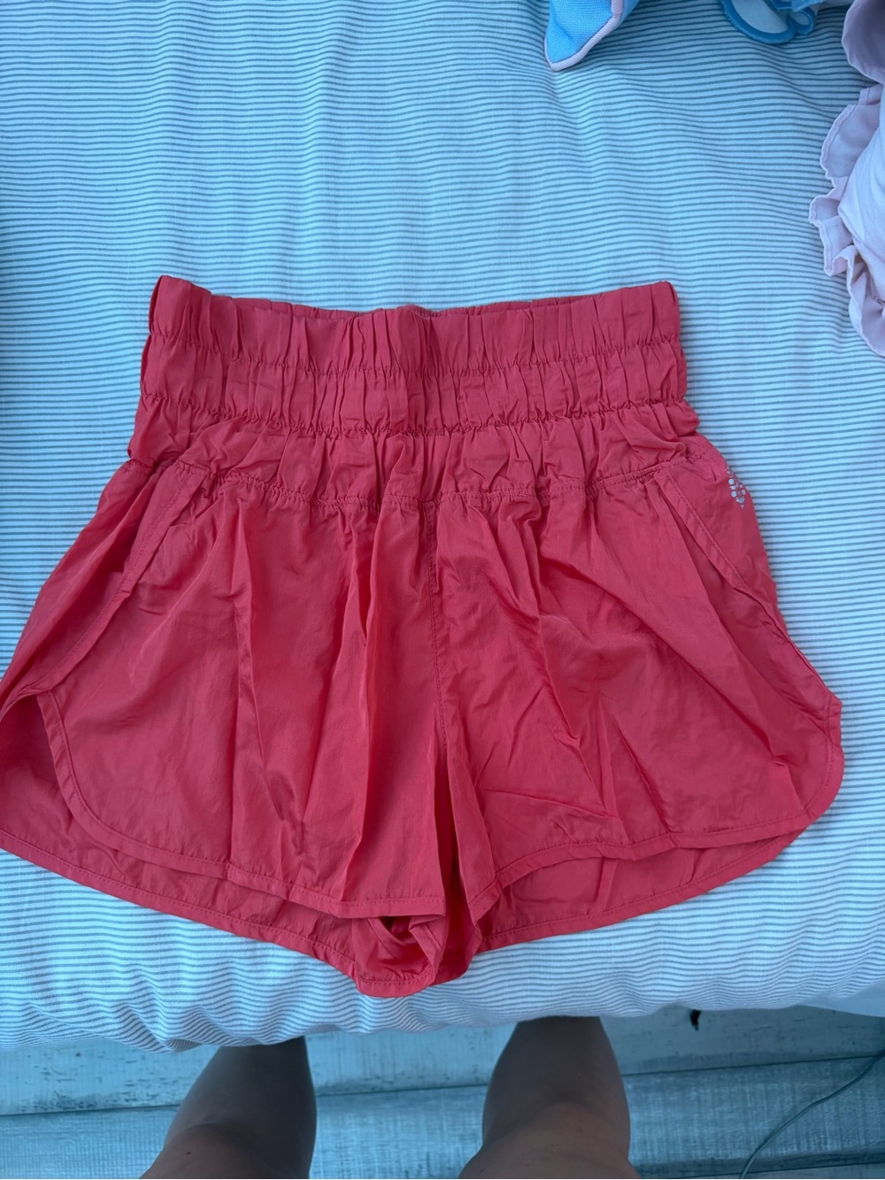 Free People Coral-Red Smocked High-Waist Athletic Shorts